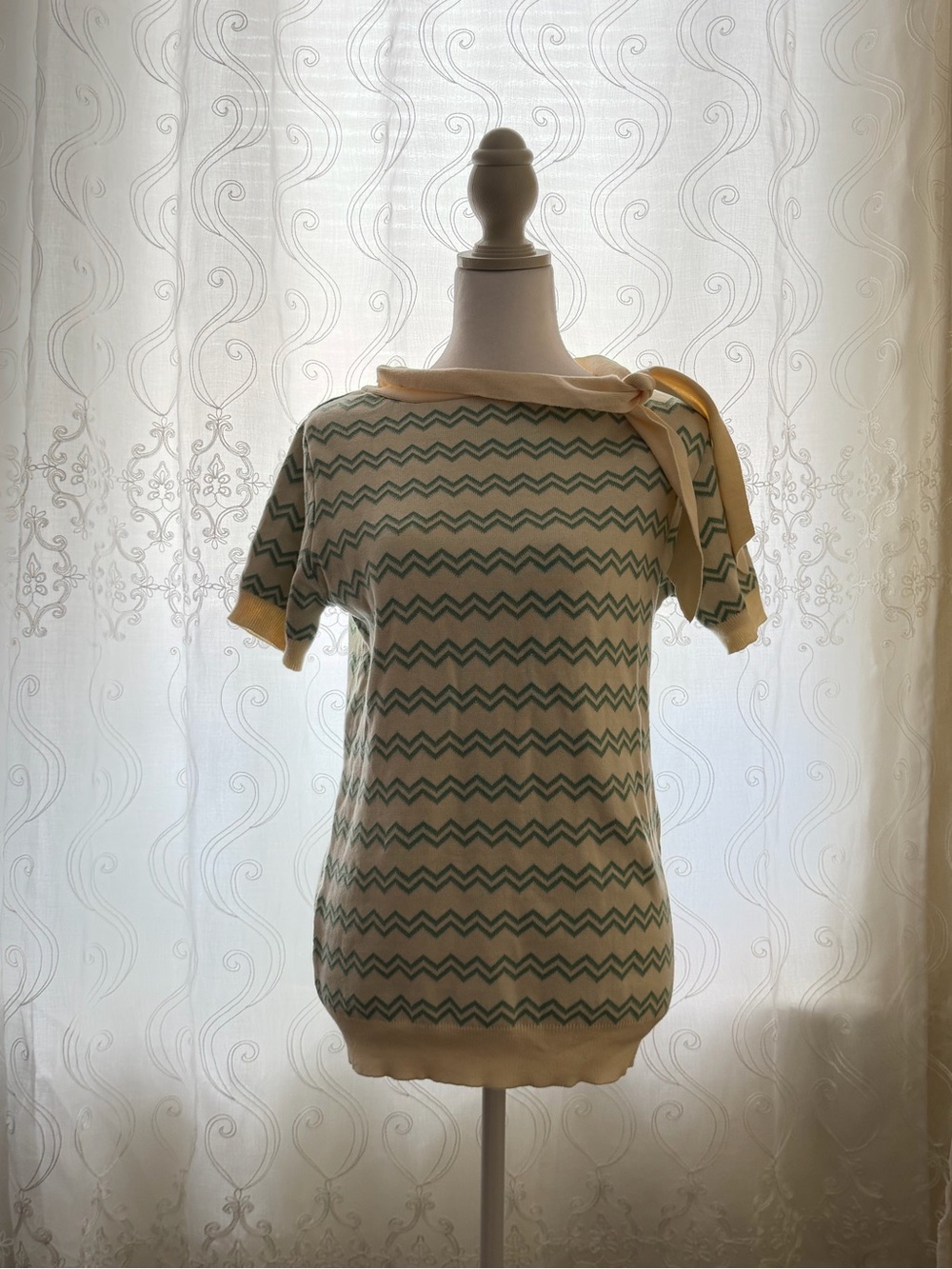 OXKNIT Cream and Green Zigzag Knit Top with Yellow Accent